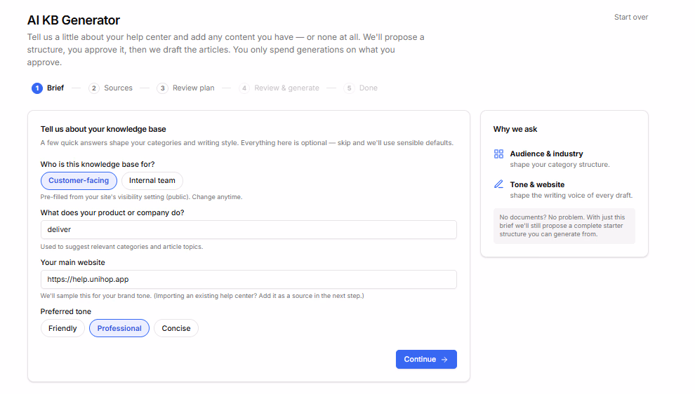 HelpSite AI KB Generator brief: audience, tone, and topic