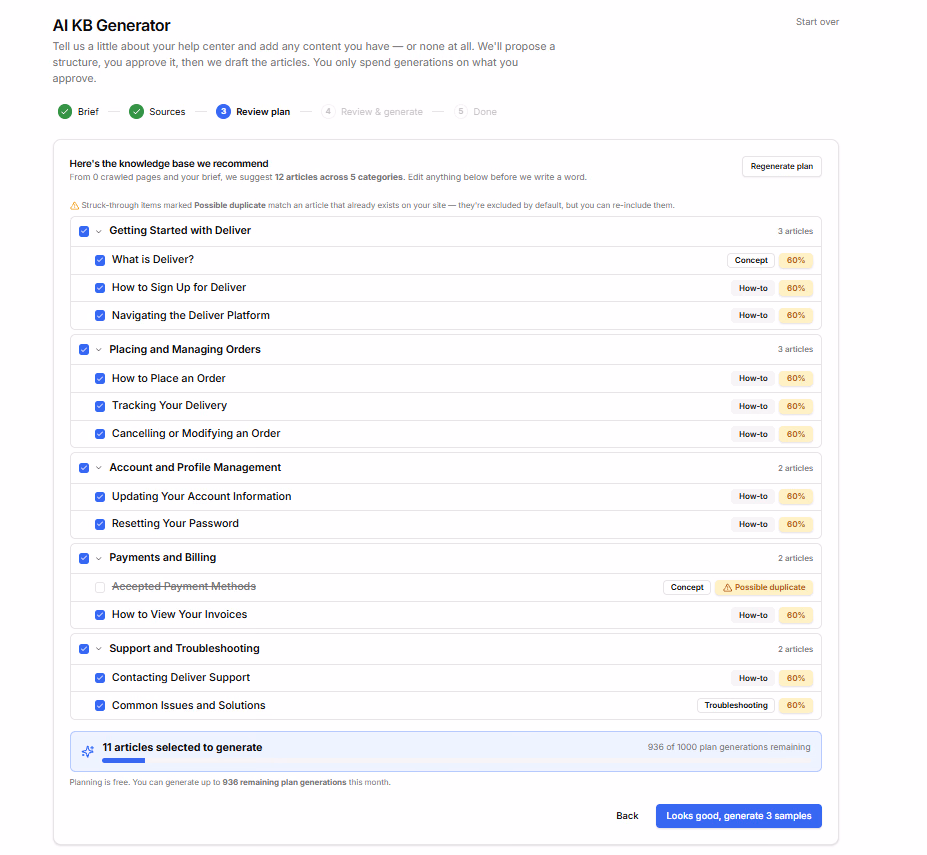 HelpSite article list with a category sidebar, article statuses, and published and draft articles