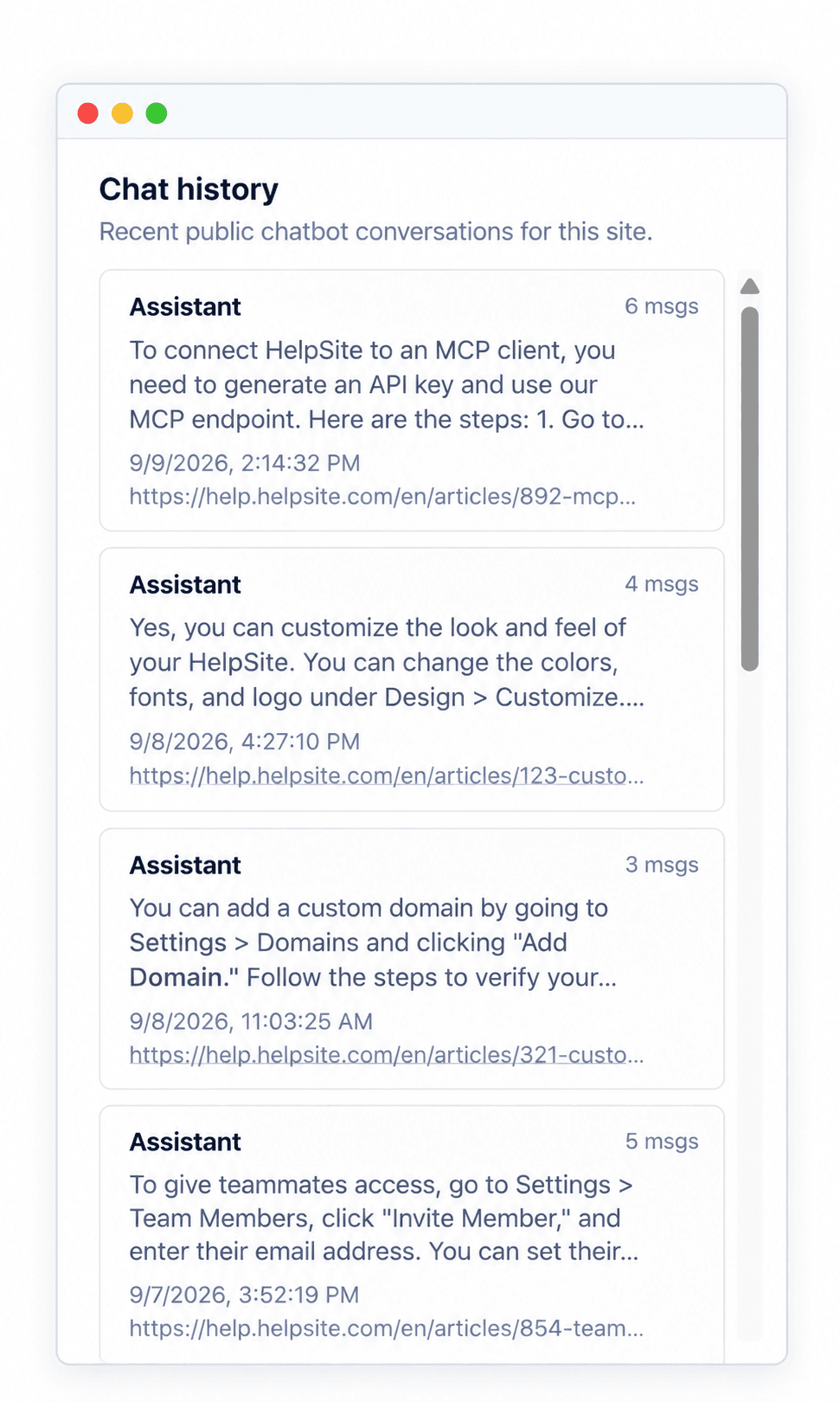 HelpSite AI chatbot chat history saved for review