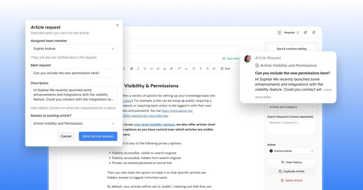 An article request assigned to a teammate, with the request description beside the article being edited
