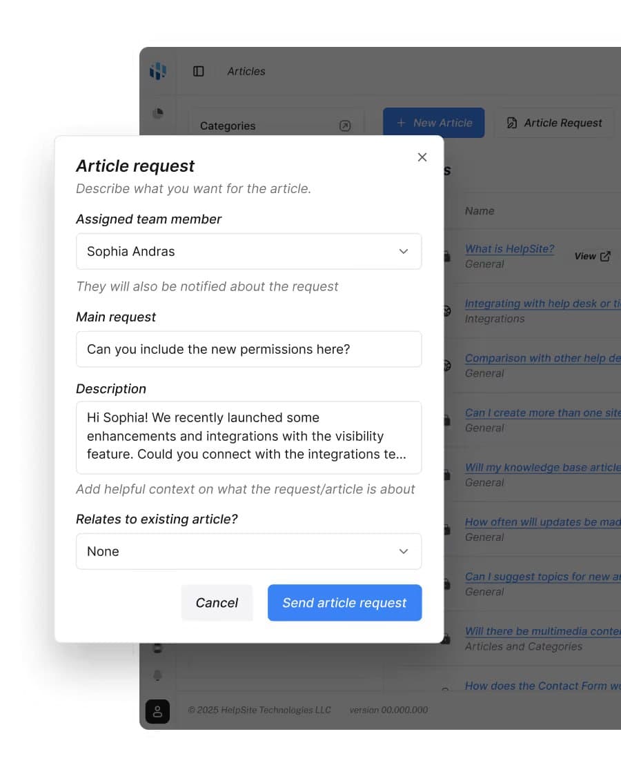 Assigning an owner to a HelpSite article with a notification