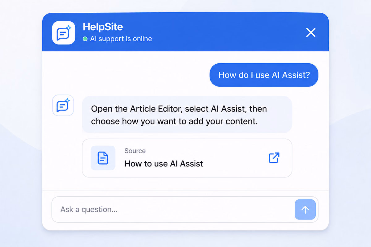 HelpSite AI chatbot answering "How do I use AI Assist?" with a visible source link to the "How to use AI Assist" article