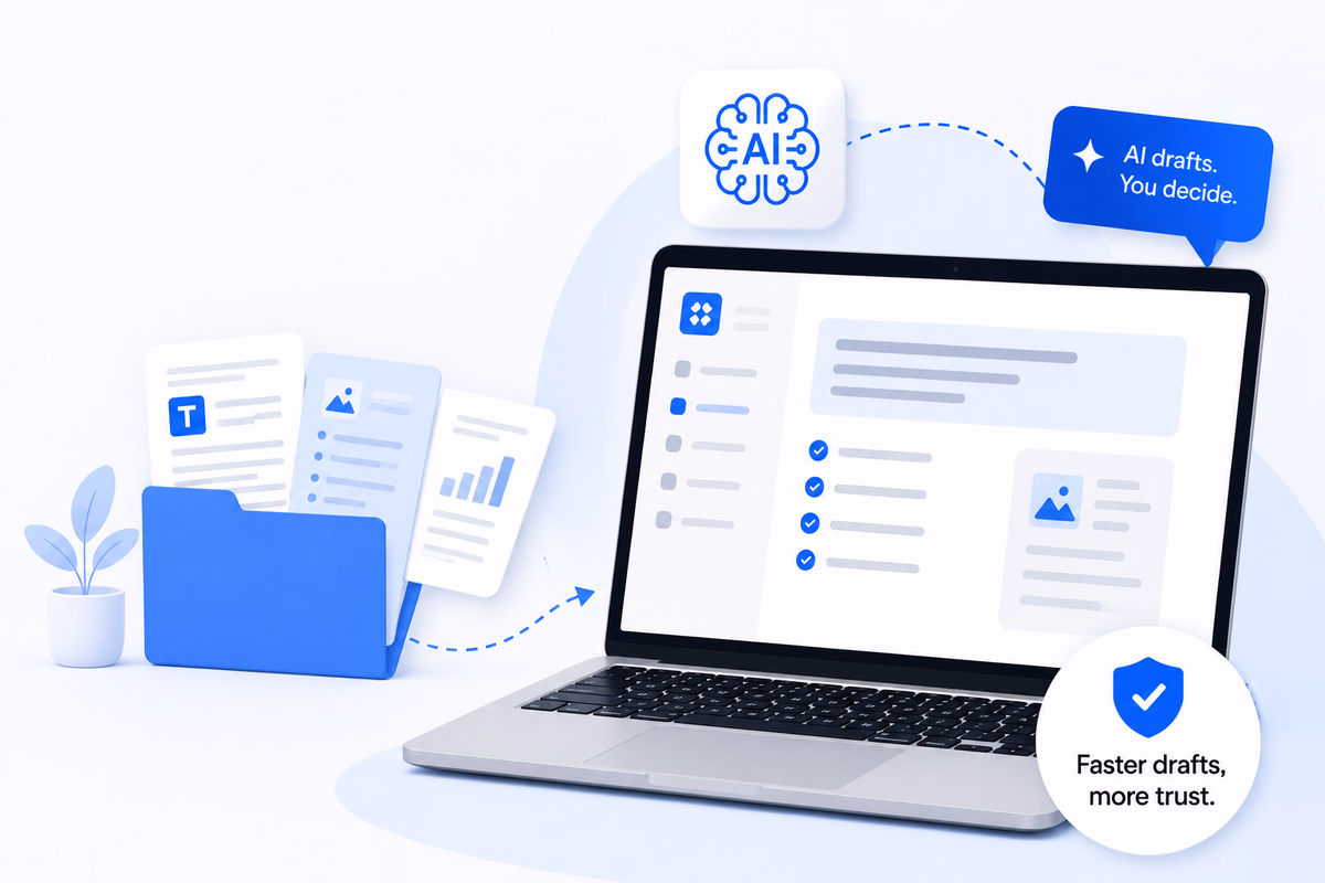 HelpSite AI KB Generator turning existing documents into structured knowledge base drafts for human review