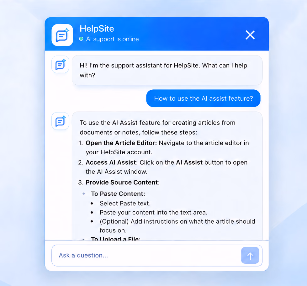 HelpSite AI Chatbot widget answering a customer question, "How to use the AI assist feature?", with a step-by-step response