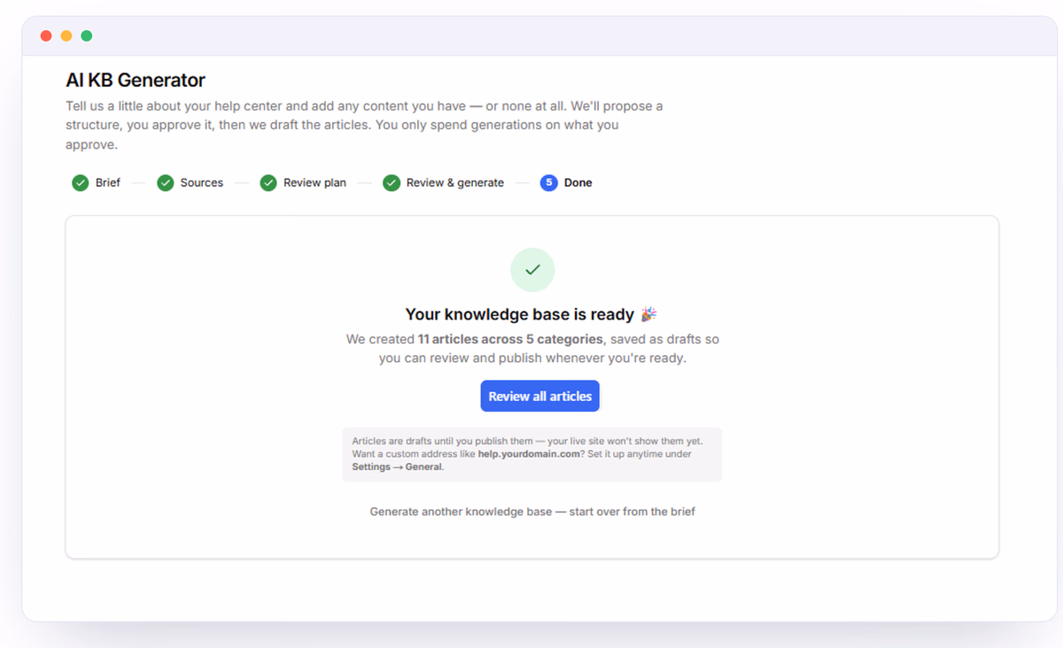 HelpSite AI KB Generator "Done" screen showing a knowledge base of 11 articles across 5 categories, saved as drafts to review