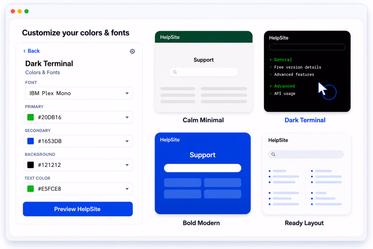 HelpSite Themes customization interface
